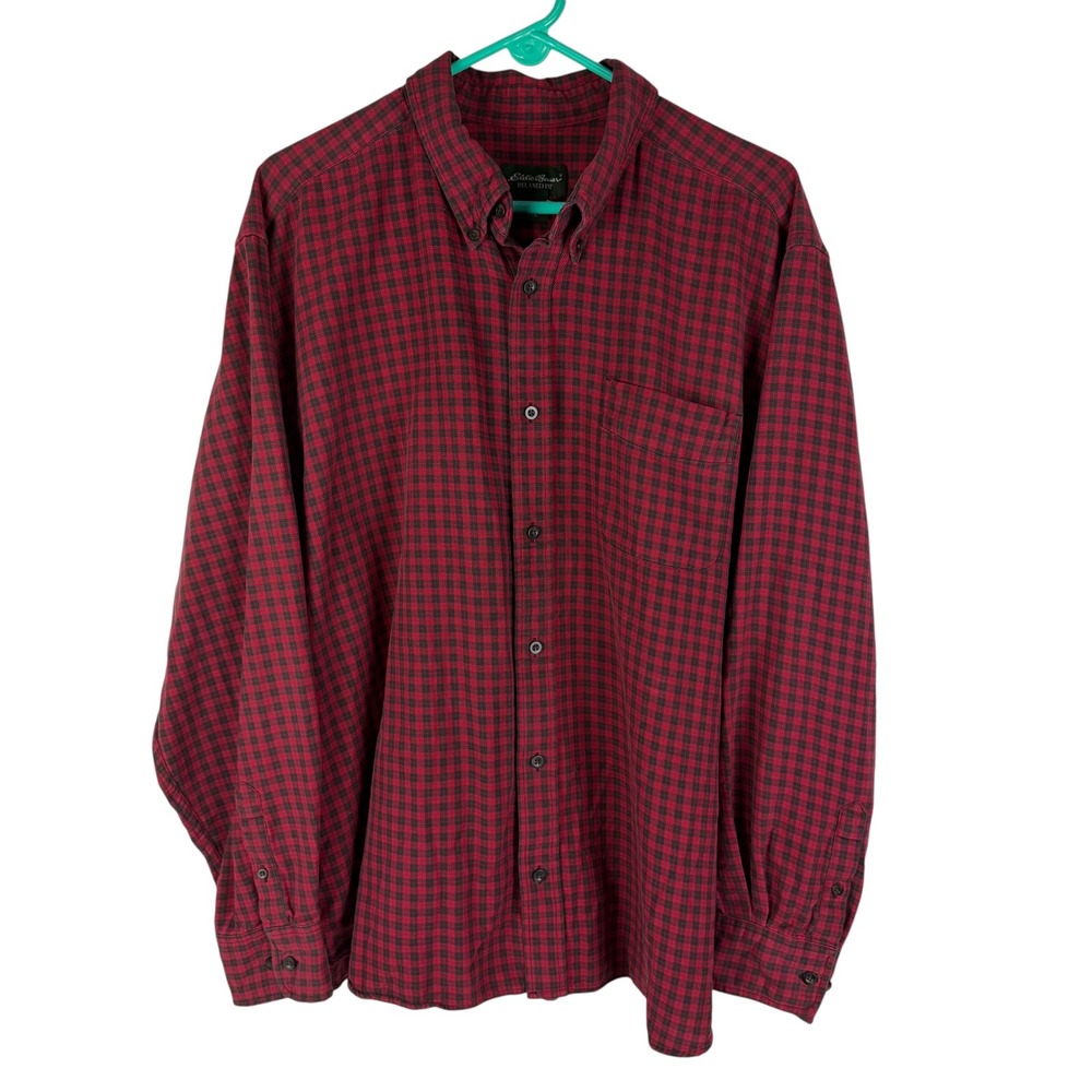 Eddie Bauer Men's XXL Relaxed Fit Gingham Button Down Shirt Red Black Cotton